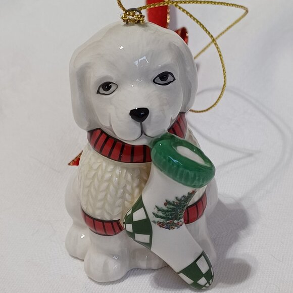 SPODE Christmas Tree Ceramic Ornament Puppy Dog With Stocking In Box - Picture 2 of 9